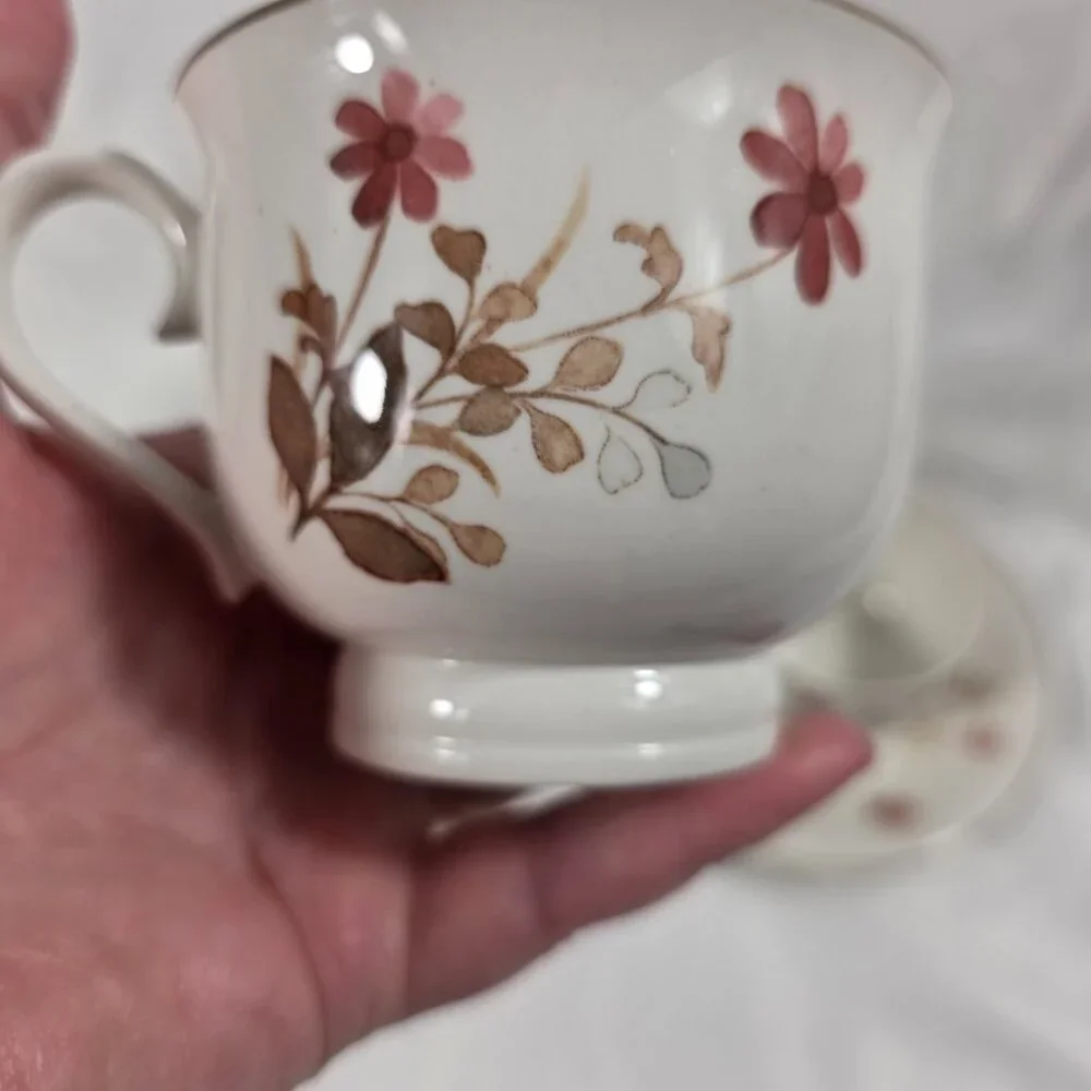TWO Noritake Versatone Outlook Cup and Saucer Sets Pink Flowers Brown Leaves